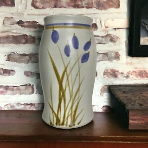 Vintage Artist Signed Blue Floral Botanical 8”  Salt Glaze Pottery Vase